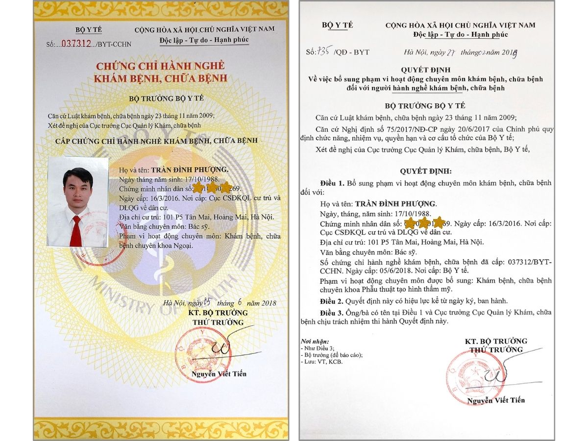 Chứng chỉ hành nghề khám, chữa bệnh chuyên khoa ngoại và chứng chỉ hành nghề phẫu thuật tạo hình thẩm mỹ của bác sĩ Phượng